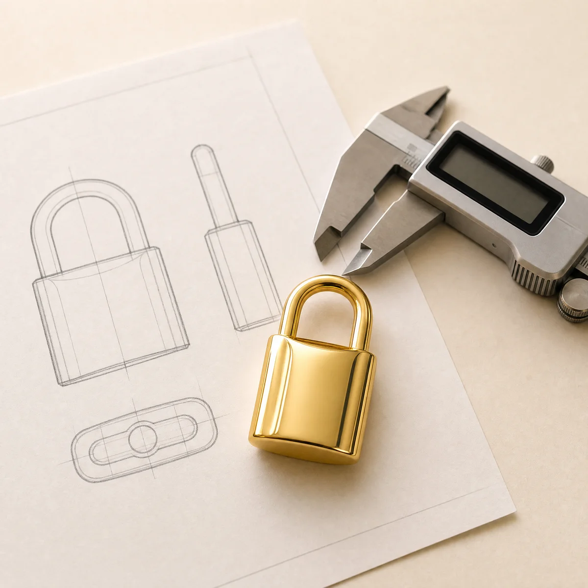 Custom hardware development: padlock prototype with technical drawing and caliper