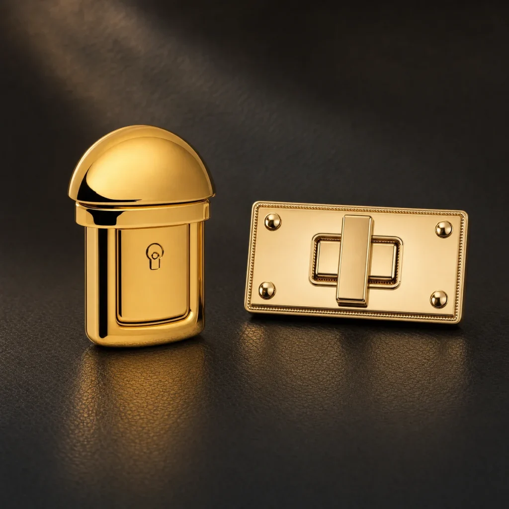 Gold-plated press lock and turn lock showing premium plating finishes