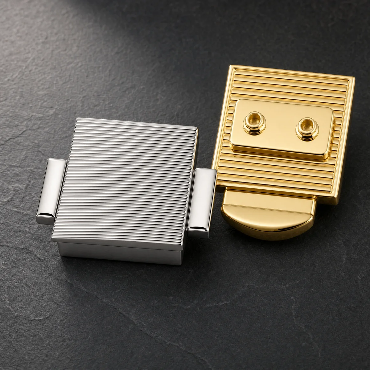 Precision-engineered ribbed turn locks in gold and silver finishes